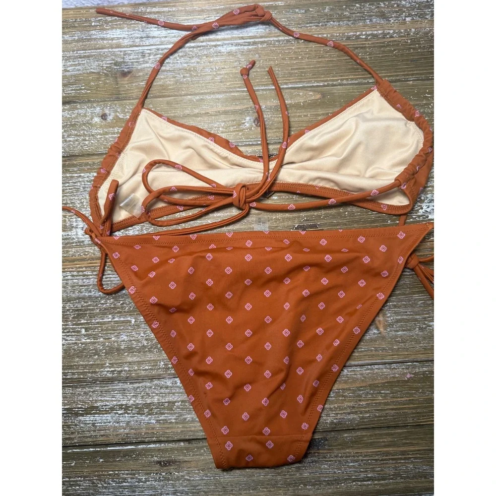 Victoria's Secret Bikini Set Y2K Rust Orange Pink Floral Heart Halter Side Tie M